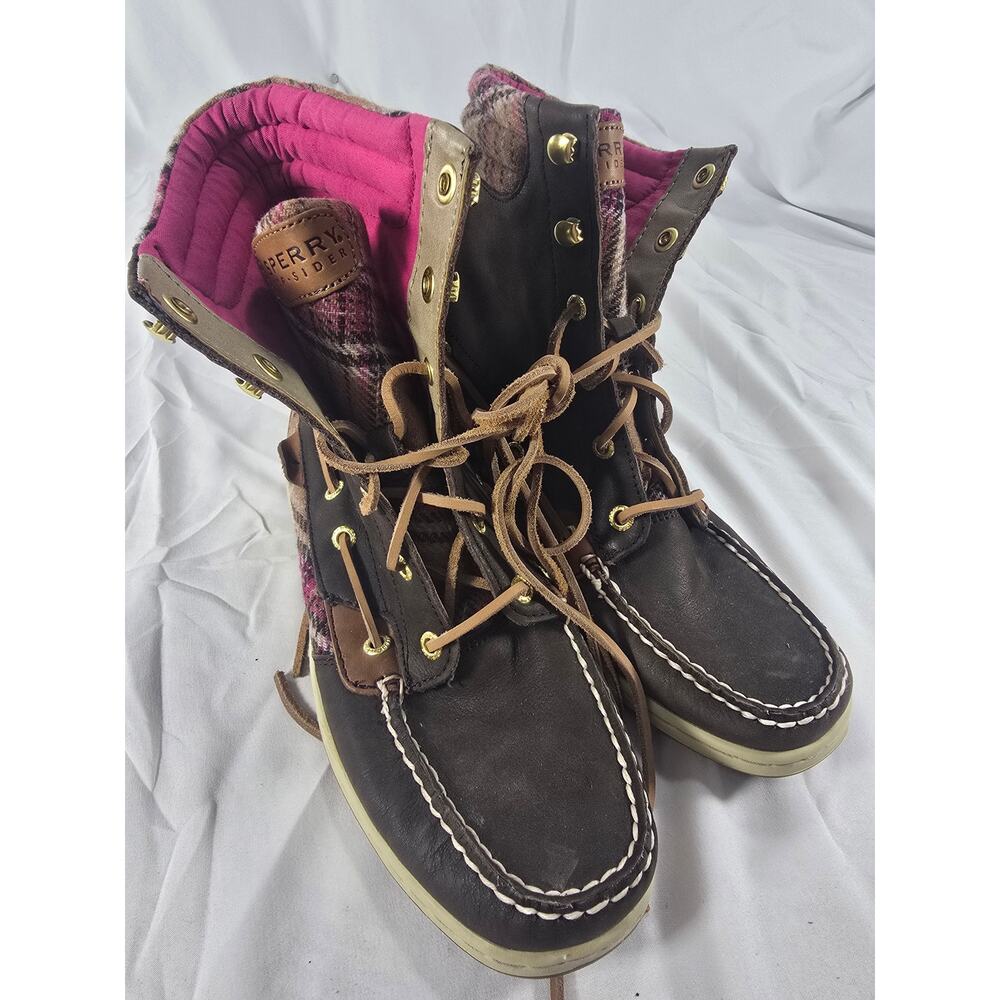 Sperry Top-Sider Women’s 8.5M Brown Leather Plaid Wool Duck Boots Pink Lining